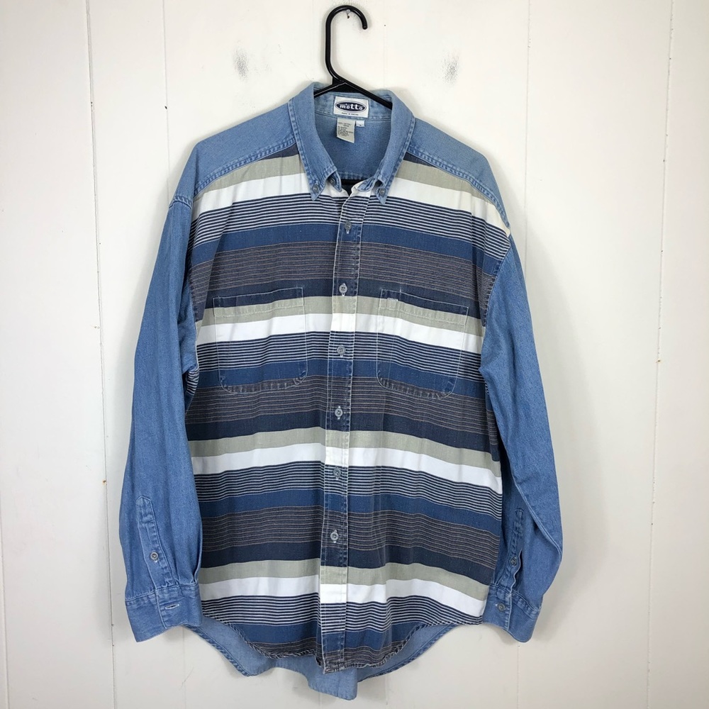 Vintage Neutral Striped Denim‎ Button Down Sz L